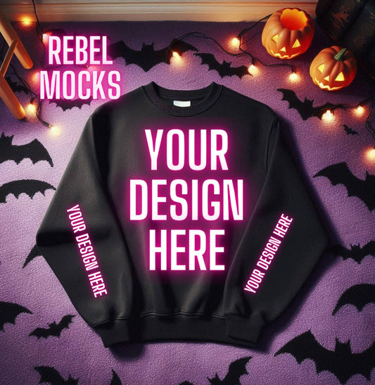 Black Crew Neck Mock Up Trendy Edgy Spooky  Vibes Flat Lay