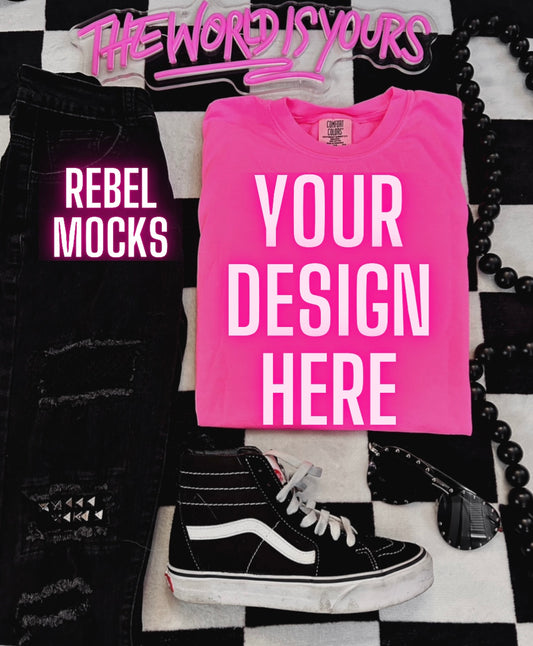 Comfort Colors Neon Pink Tee Alternative Flat Lay Mock Up