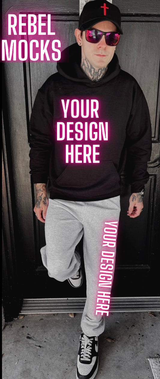 Mens Alt Style Black Hoodie & Gray Sweats Model Mock Up
