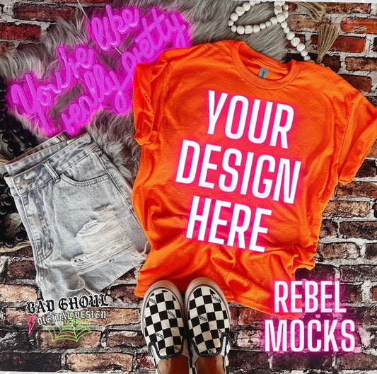 Neon Orange Tee Flat Lay Mock Up trendy