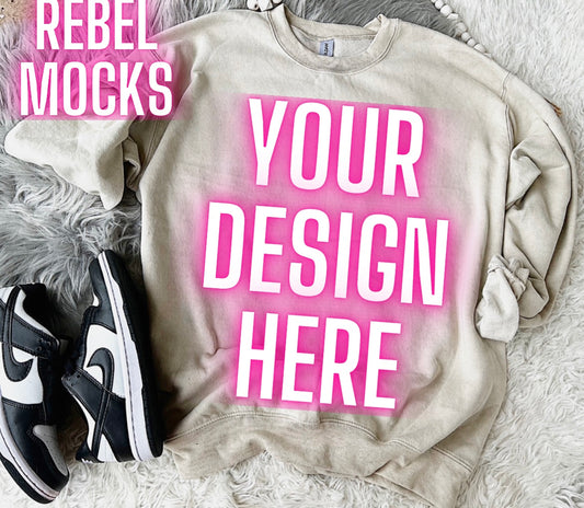 Sand Crew Neck Sweatshirt Gildan Trendy Mock Up Flat Lay