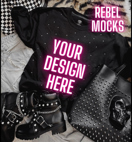 Rhinestone BLING Black Crew Sweatshirt Flat Lay Mock Up