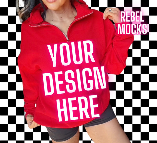 Red 1/4 Zip Up Sweatshirt Jerzees Trendy Mock Up Model Mock