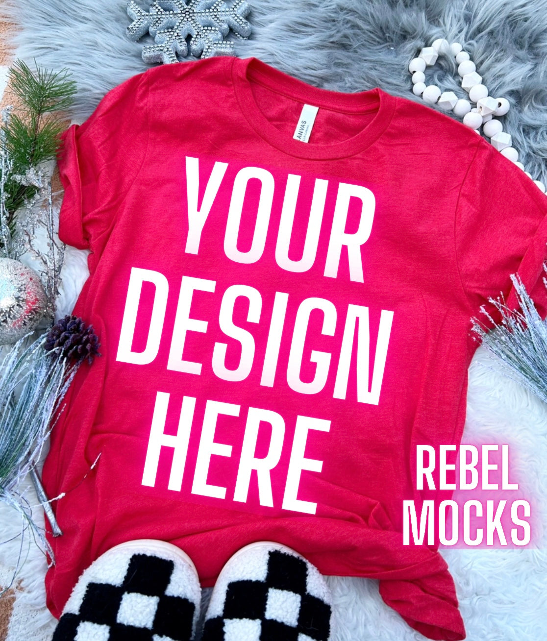 Heather Red Bella Canvas Neutral Holiday Winter Flat Lay Mock Up Checkered