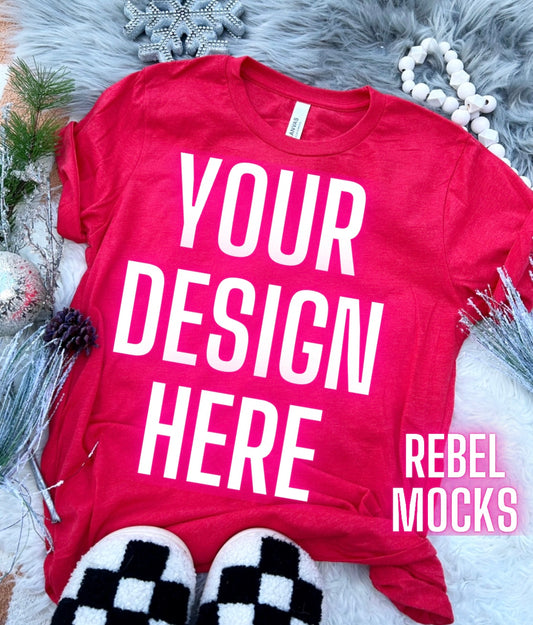 Heather Red Bella Canvas Neutral Holiday Winter Flat Lay Mock Up Checkered