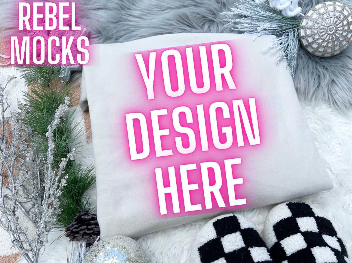 Gildan sand  Crewneck Sweatshirt Neutral Holiday Winter Flat Lay Mock Up Checkered