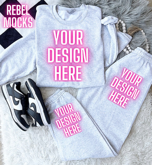 Ash Gildan Sweat Set Trendy Mock Up Flat Lay