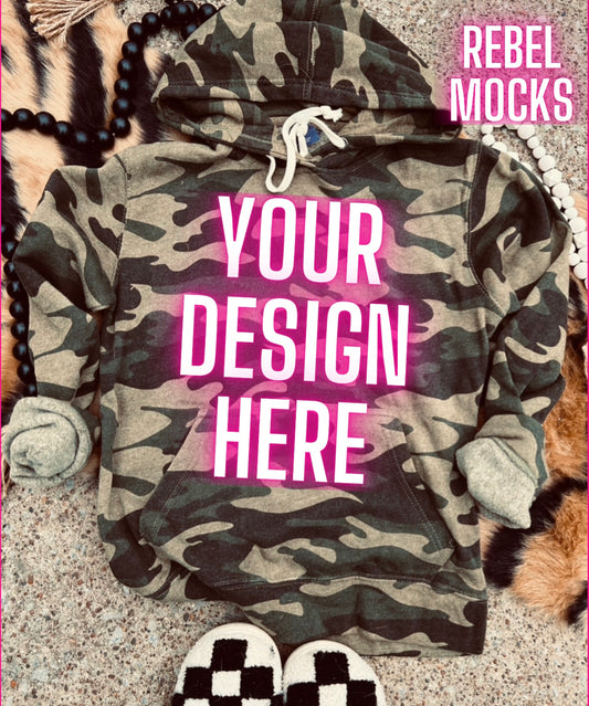 Camo Hoodie J America Brand Sweatshirt Flat Lay Mock Up TRENDING