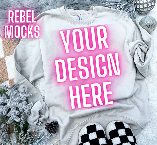 Gildan sand  Crewneck Sweatshirt Neutral Holiday Winter Flat Lay Mock Up