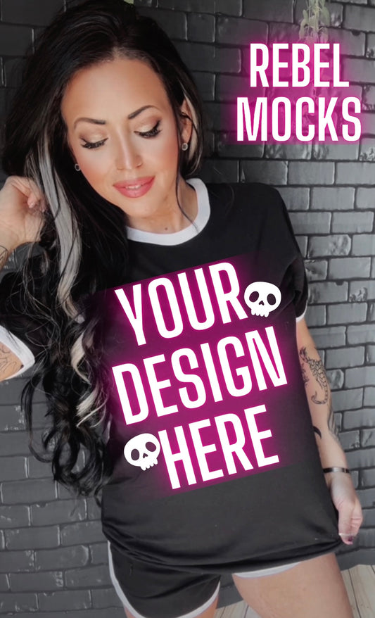 Black and White Ringer Tee Model Mock Edgy alt Vibes Mock Up