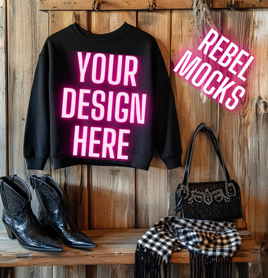 Black Crew Neck Sweatshirt Hanging Mock Up Western Grunge Alt Rock N Roll Vibes