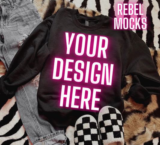 Black Crew Neck Sweatshirt Mock Up Trendy Grungy Edgy Vibes Flat Lay Mock Up