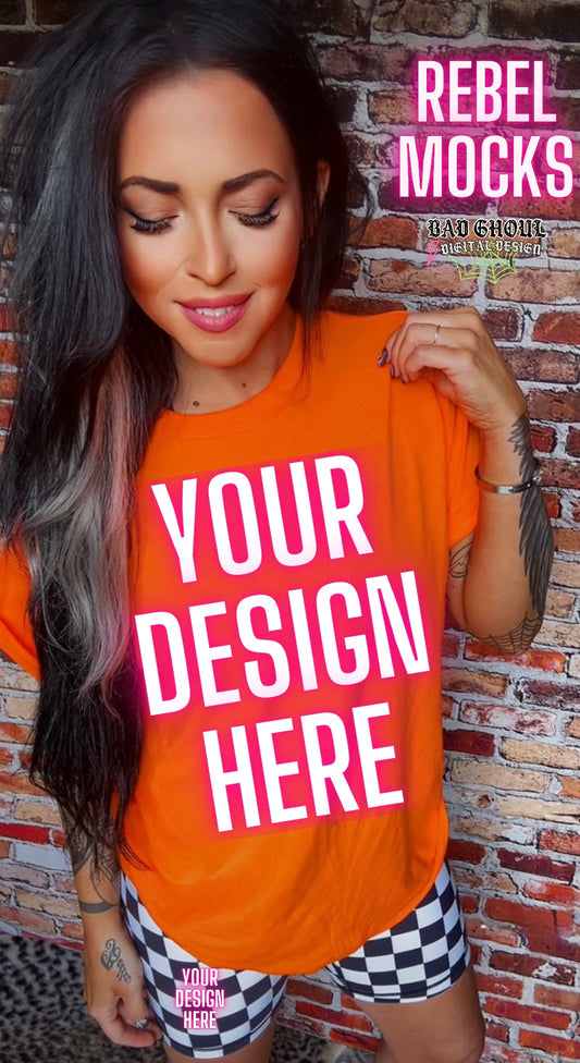 Safety Orange Tee & Checkered Shorts Model Mock Up trendy