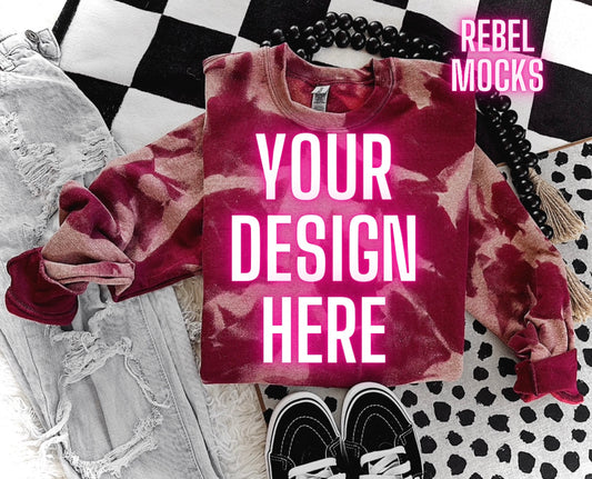Wine Acid Wash Crew Neck Sweatshirt Flat Lay Mock Up TRENDING VIBES