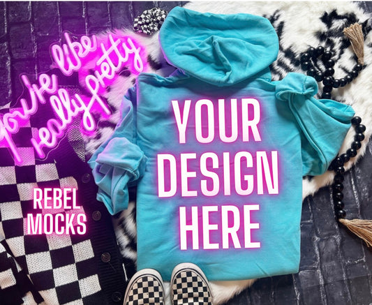 Scuba Blue Hoodie BACK Flat Lay Mock Up Trendy Edgy Vibes