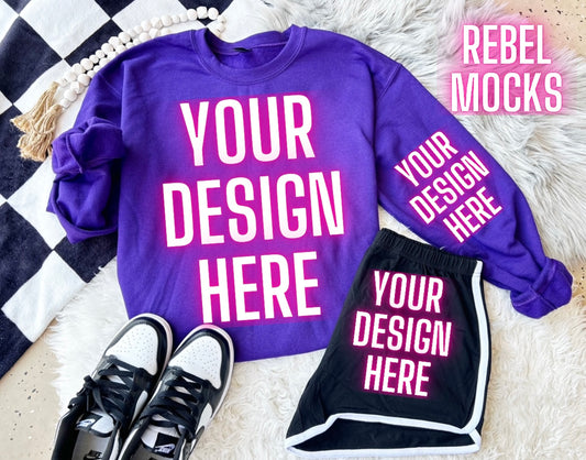 Gildan Purple Crew Neck Sweatshirt Gildan Trendy Mock Up Flat Lay