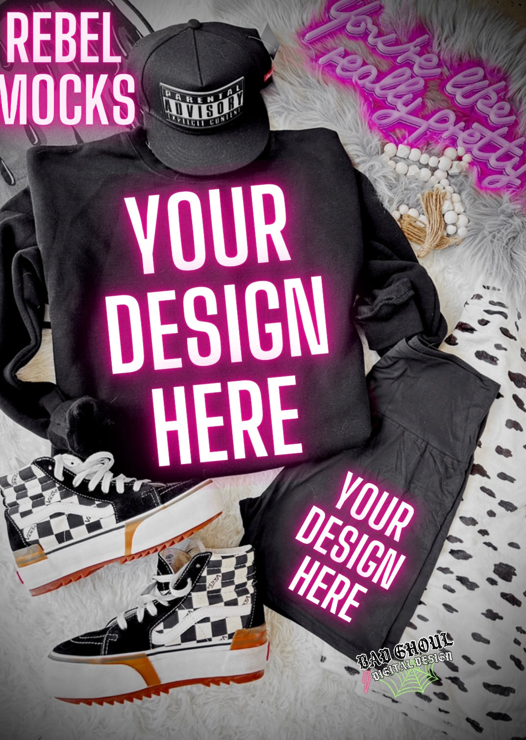 Black Crew Neck Sweatshirt and Biker Short Flat Lay Mock Up TRENDING