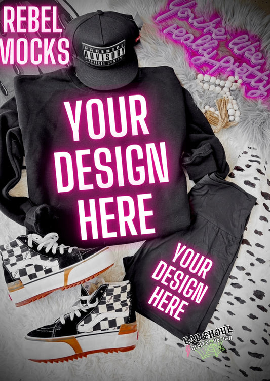 Black Crew Neck Sweatshirt and Biker Short Flat Lay Mock Up TRENDING