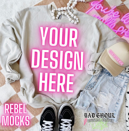 Gildan Sand Crew Neck Flat Lay Mock Up TRENDING