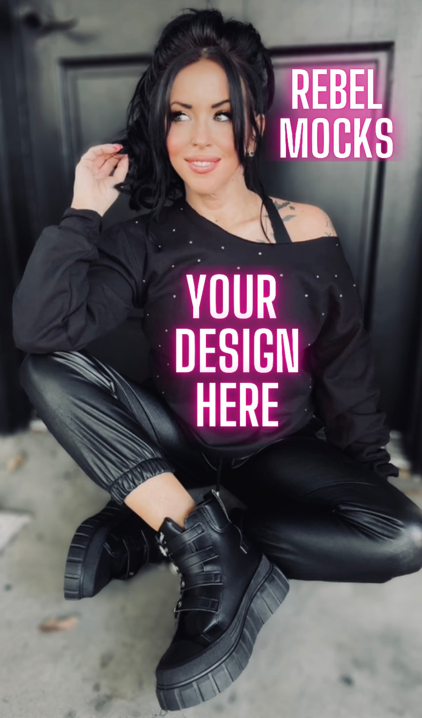 Rhinestone BLING Off Shoulder Black Crew Sweatshirt Model Mock Up