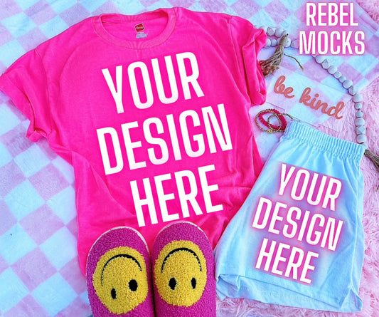 Neon Pink Tee Happy Vibes TRENDING Flat Lay Mock up