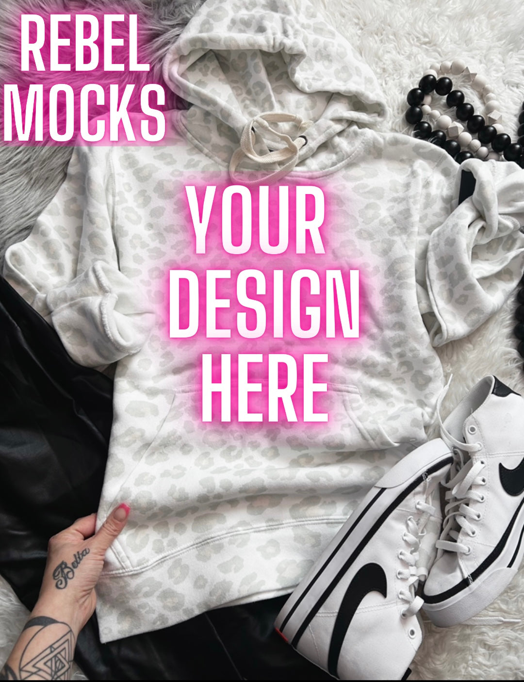 J America Snow Leopard Hoodie Flat Lay Mock Up TRENDING