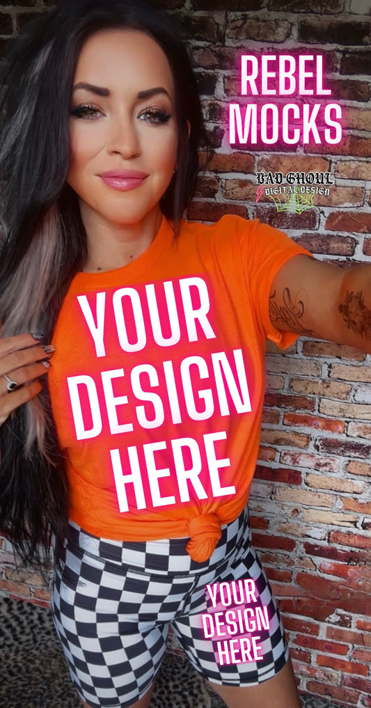Safety Orange Tee & Checkered Shorts Model Mock Up trendy bundle 2 mocks