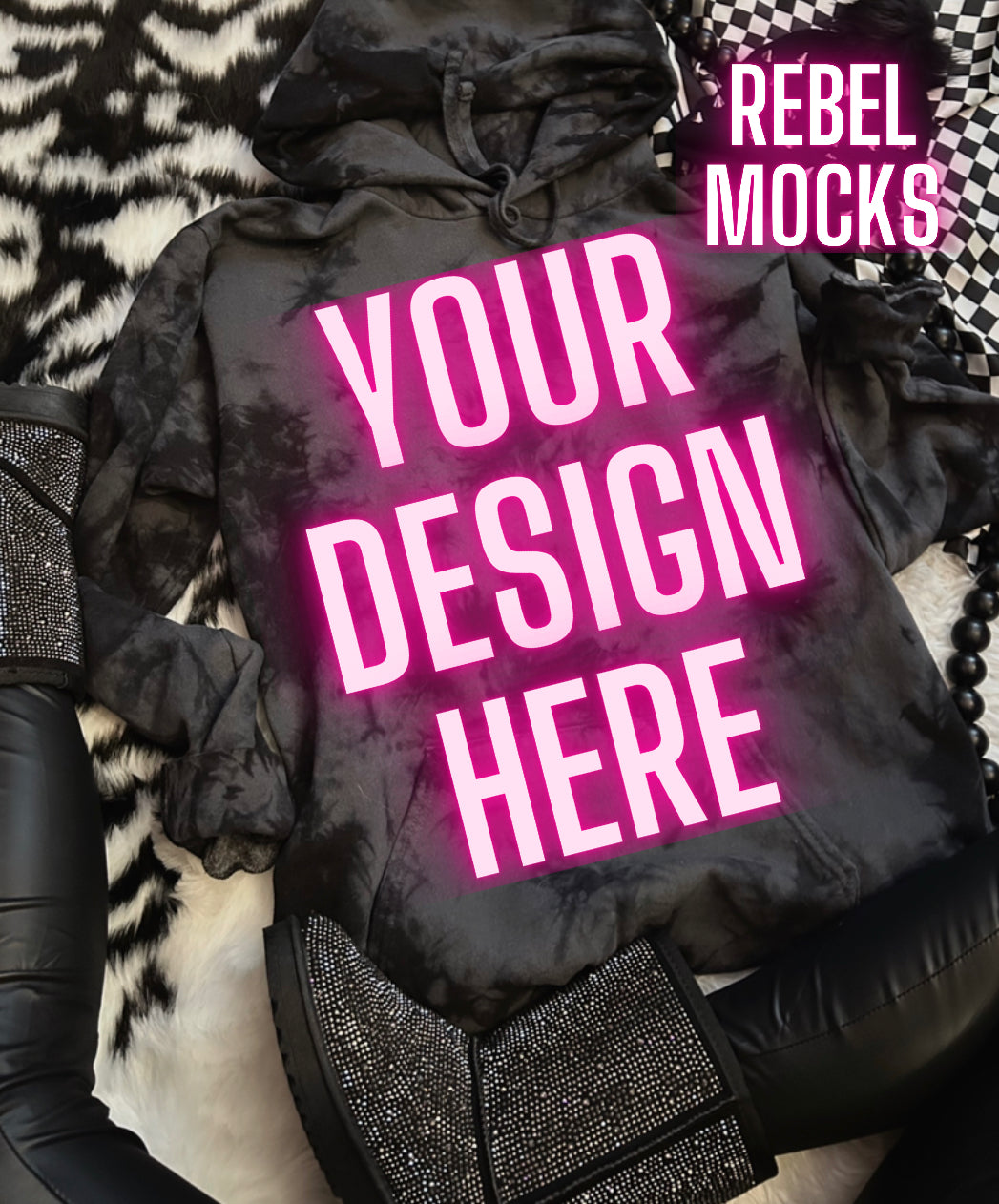 Black Crystal Dye Hoodie Flat Lay Mock Up TRENDING VIBES