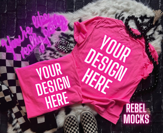 Neon Pink Tee Flat Lay Mock Up Trendy Edgy Vibes front and back