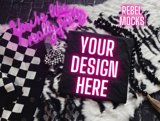 Black Tee Flat Lay Mock Up Trendy Edgy Vibes front and back 2 mocks