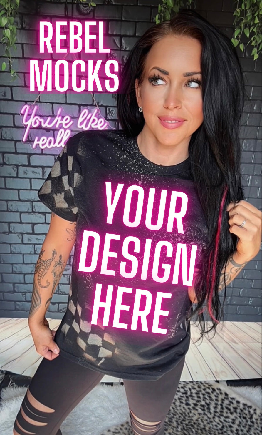 Black Checkered Acid Wash Tee IRL Model Mock Up TRENDING VIBES