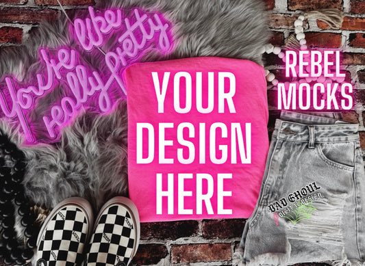 Neon Pink Tee Flat Lay Mock Up trendy