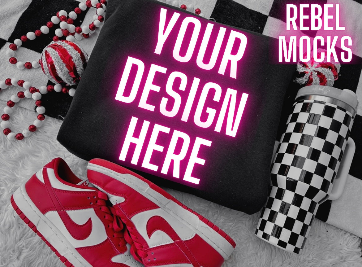 Black Crew Neck Sweatshirt Holiday Flat Lay Mock Up