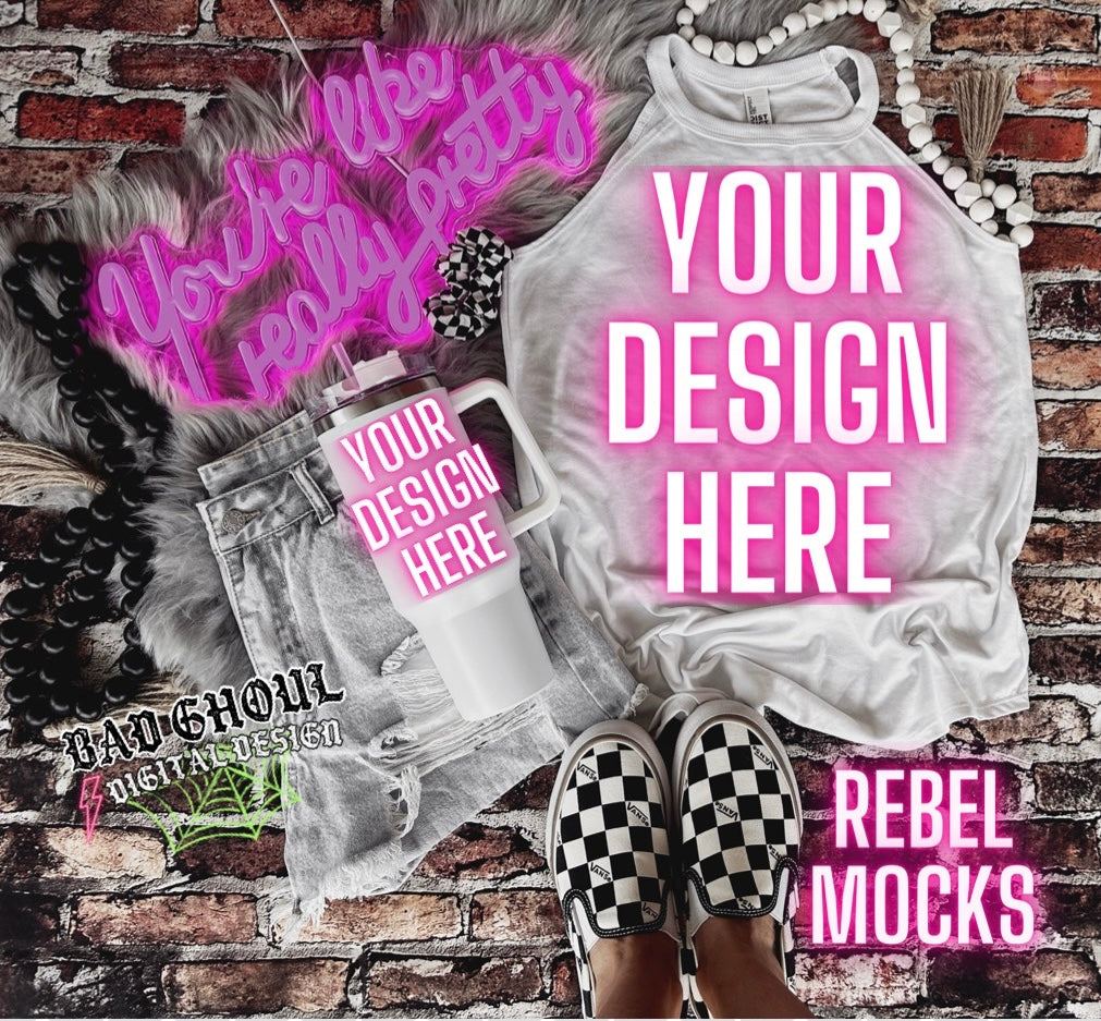 EDGY AF Vibes White Tri Rocker Tank and Tumbler Flat Lay Mock Up