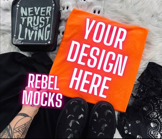 Neon Orange Tee Edgy Alt Flat Lay Checkered Mock up