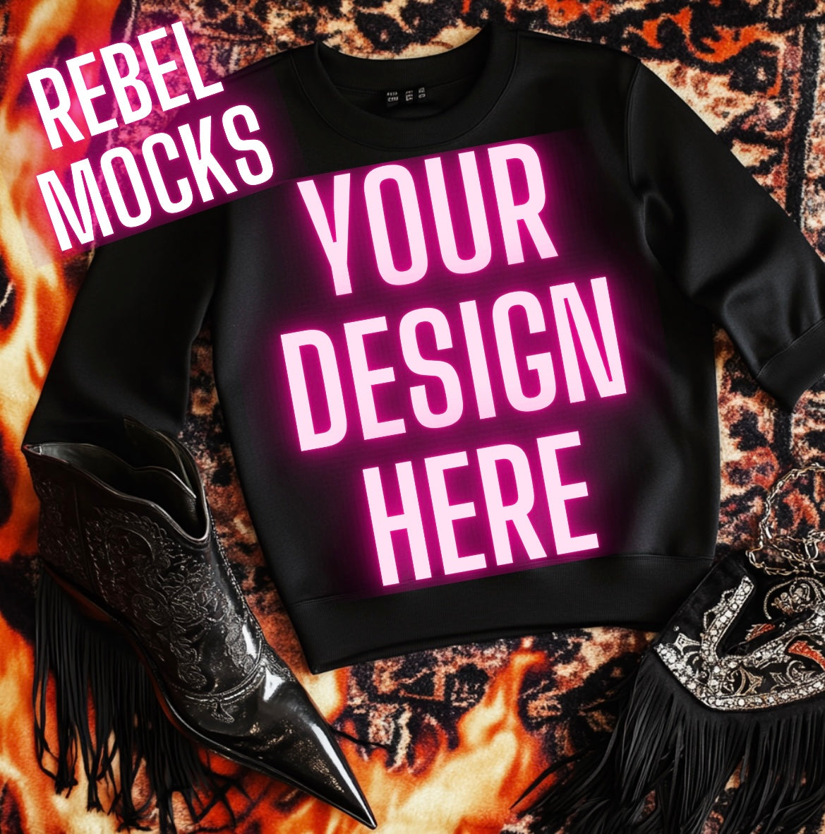 Black Crew Neck Sweatshirt Mock Up Western Grunge Alt Rock N Roll Vibes