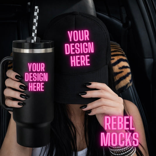 Trucker Hat & Tumbler Cup| Edgy Alternative Mock Up