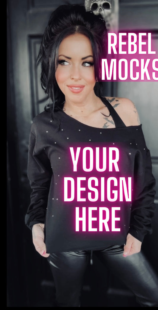 Rhinestone BLING Off Shoulder Black Crew Sweatshirt Model Mock Up
