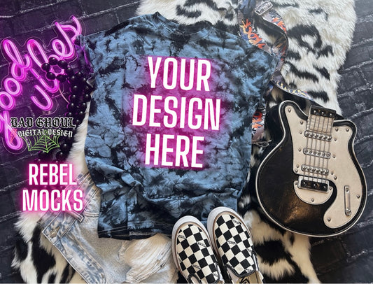 Flat Lay Dyenomite Blue and Black tee Mock Up Trendy Edgy Vibes