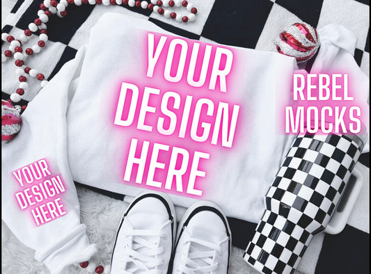 White Crew Neck Sweatshirt Holiday Flat Lay Mock Up
