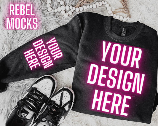 Black Crew Neck Sweatshirt Gildan Trendy Mock Up Flat Lay