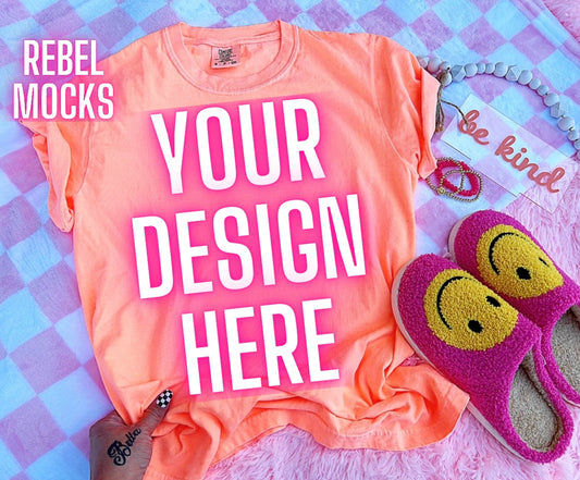 Neon Cantaloupe  Tee Happy Vibes TRENDING Flat Lay Mock up