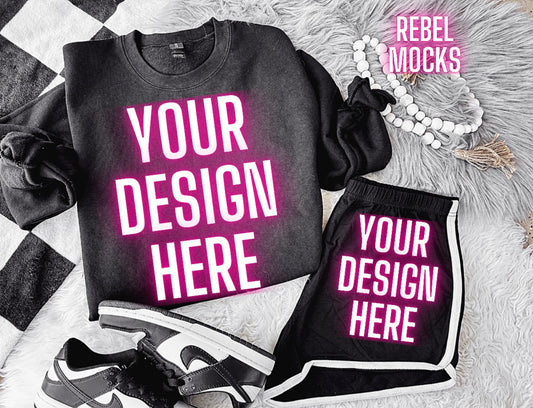 Black Crew Neck Sweatshirt Gildan Trendy Mock Up Flat Lay