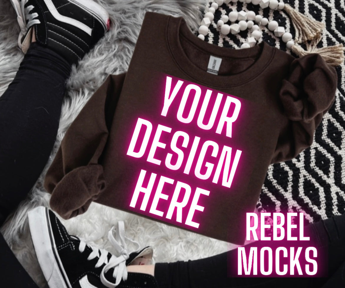 Chocolate Brown Crew Sweatshirt Flat Lay Mock Up TRENDING