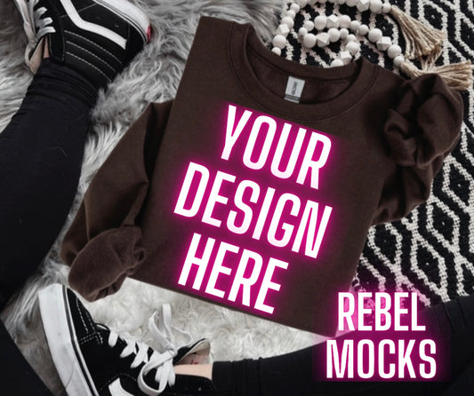 Chocolate Brown Crew Sweatshirt Flat Lay Mock Up TRENDING