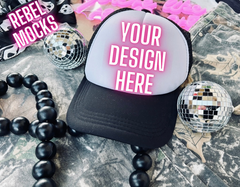 Black and White Trucker Hat Flat Lay Trending Mock Up Flat Lay