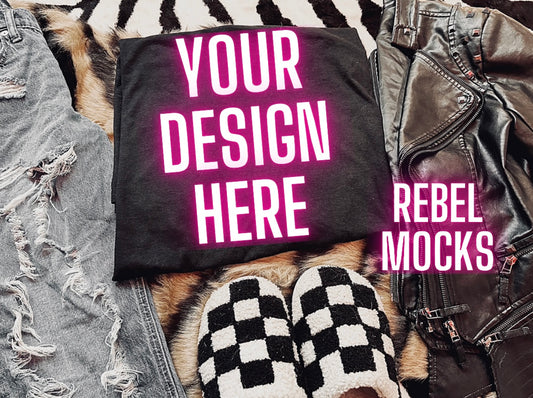 Black Tee Mock Up Trendy Grungy Edgy Vibes Flat Lay Mock Up