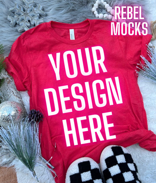 Heather Red Bella Canvas Neutral Holiday Winter Flat Lay Mock Up Checkered