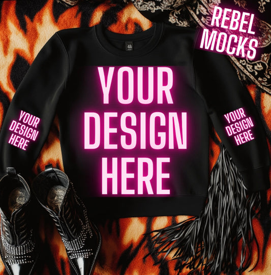 Black Crew Neck Sweatshirt Flat Lay Mock Up Western Grunge Alt Rock N Roll Vibes