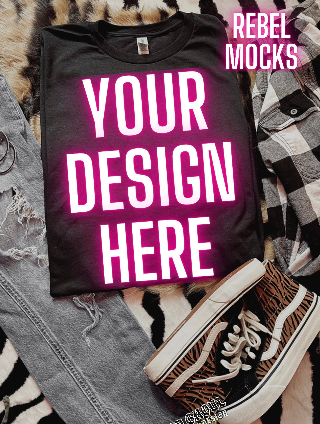 Black Tee Mock Up Trendy Grungy Edgy Vibes Flat Lay Mock Up